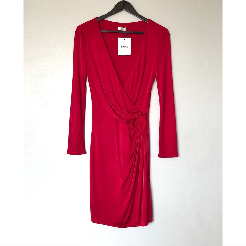 ISSA Red Jersey Plunge Neckline Long Sleeve Knee-Length Wrap Dress